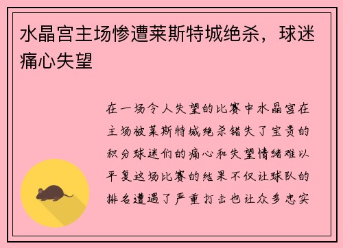 水晶宫主场惨遭莱斯特城绝杀，球迷痛心失望