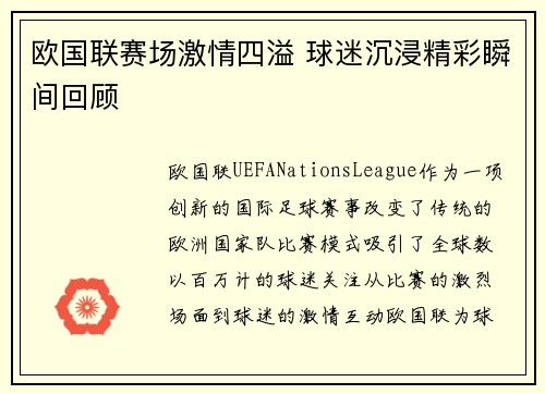 欧国联赛场激情四溢 球迷沉浸精彩瞬间回顾