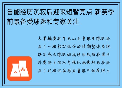 鲁能经历沉寂后迎来短暂亮点 新赛季前景备受球迷和专家关注