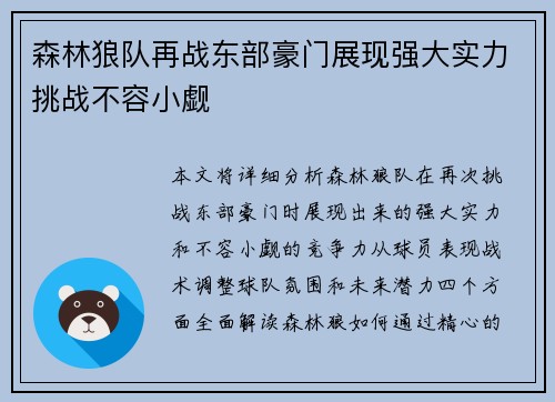 森林狼队再战东部豪门展现强大实力挑战不容小觑