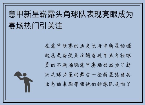 意甲新星崭露头角球队表现亮眼成为赛场热门引关注