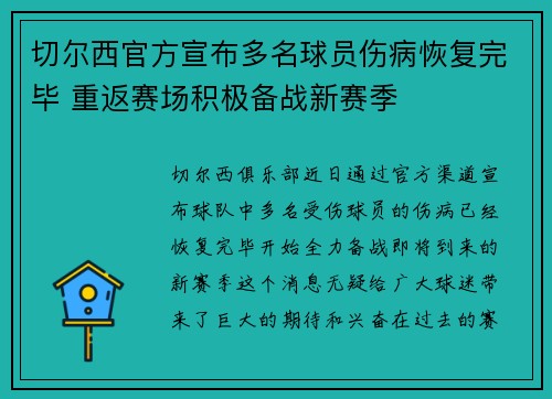 切尔西官方宣布多名球员伤病恢复完毕 重返赛场积极备战新赛季