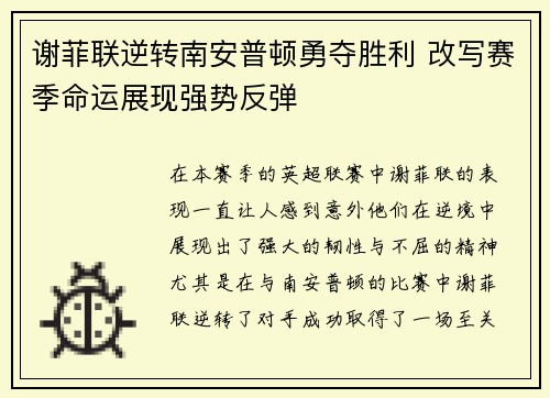 谢菲联逆转南安普顿勇夺胜利 改写赛季命运展现强势反弹